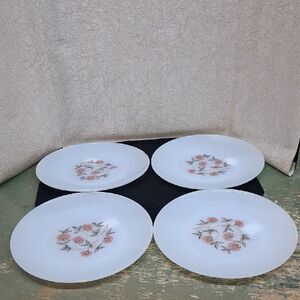 Fire King Fleurette Milk Glass Dinner Plates -4 pc. With Pink Floral